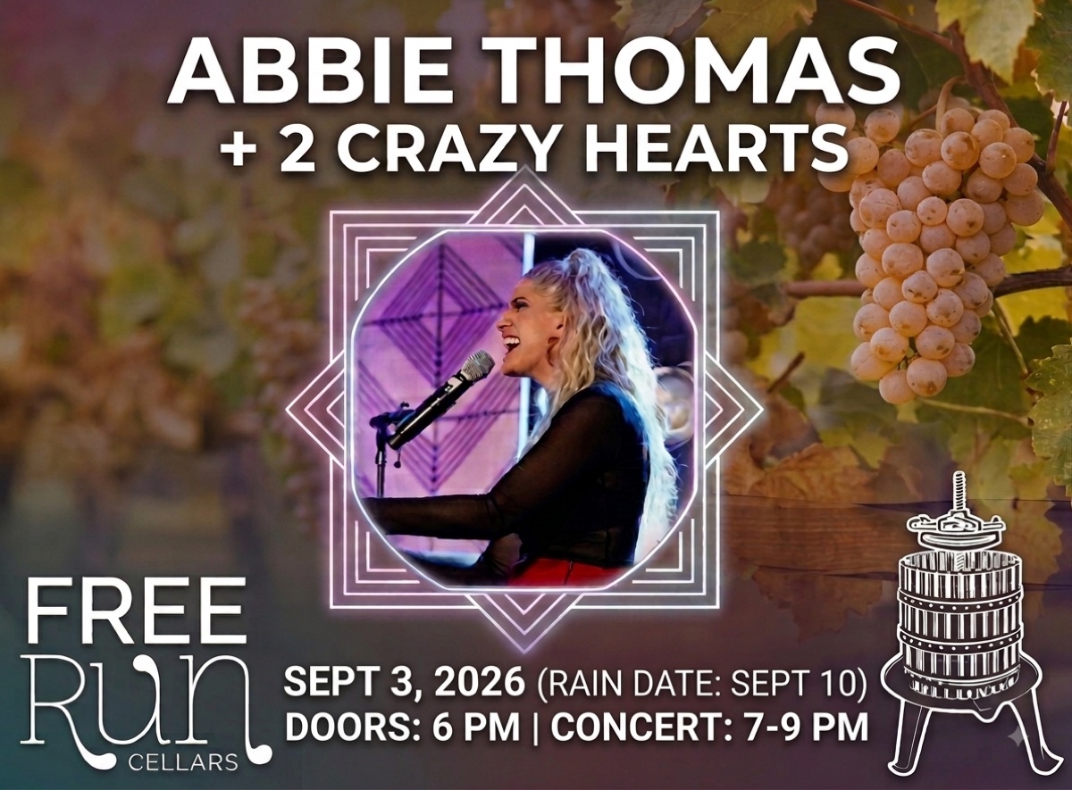 Concert on the Lawn poster — Abbie Thomas + 2 Crazy Hearts, September 3, 2026 at Free Run Cellars