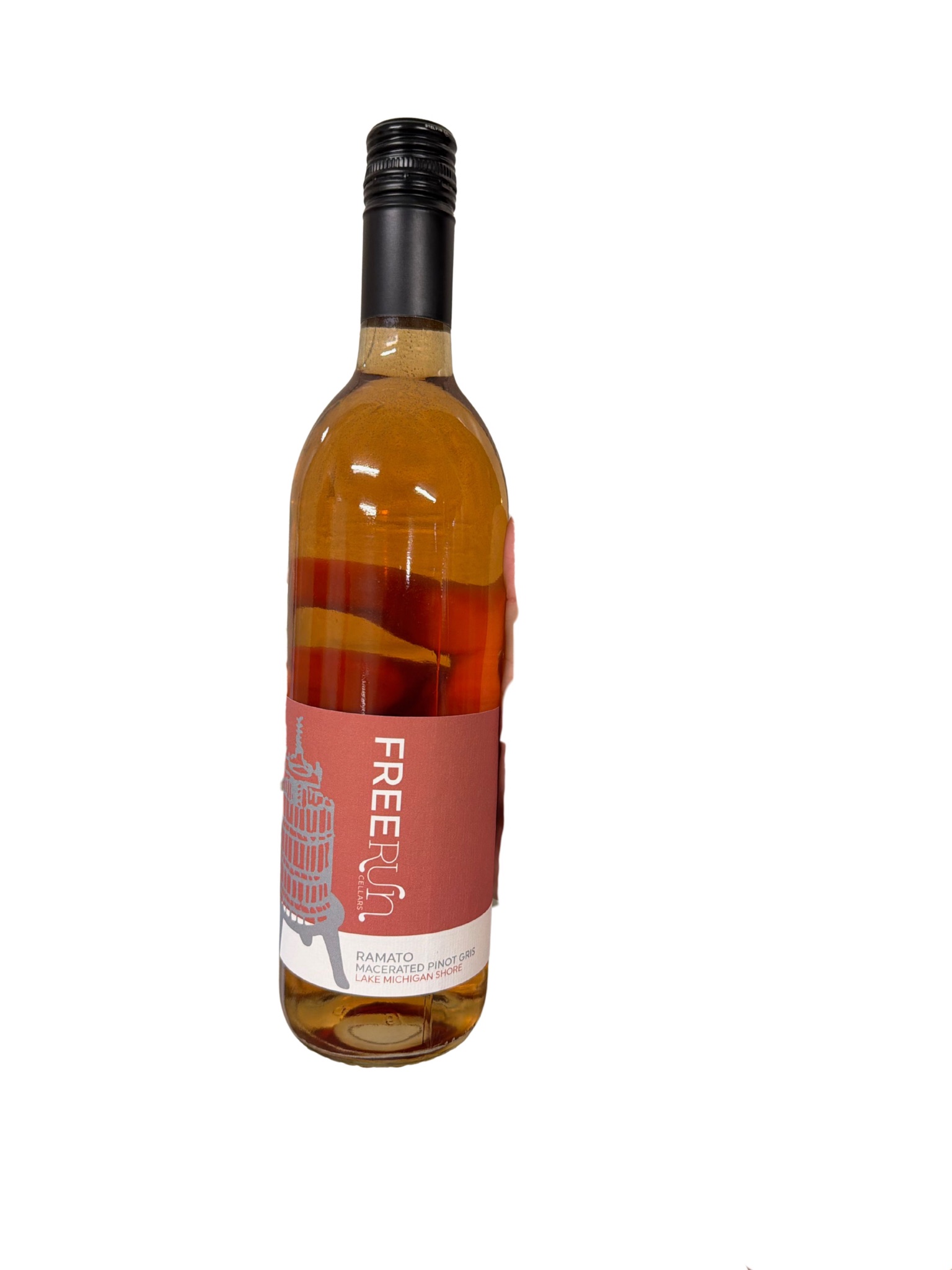 Bottle of Orange Ramato, copper-hued skin-contact estate Pinot Gris with the Free Run Cellars label